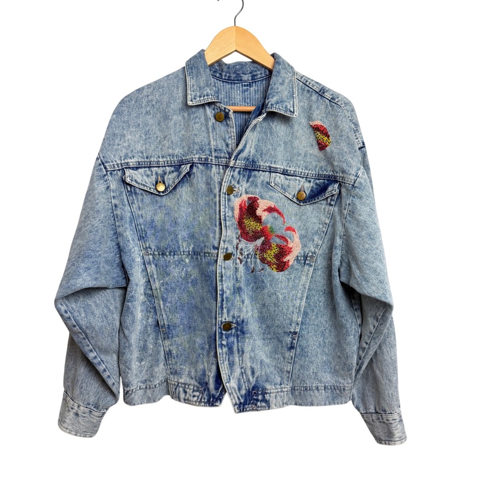 Vintage Vivaldi Acid Wash Denim Jacket Beaded Floral Trucker Blue M USA Made
